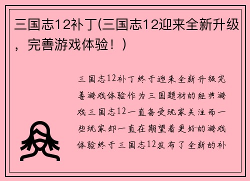 三国志12补丁(三国志12迎来全新升级，完善游戏体验！)